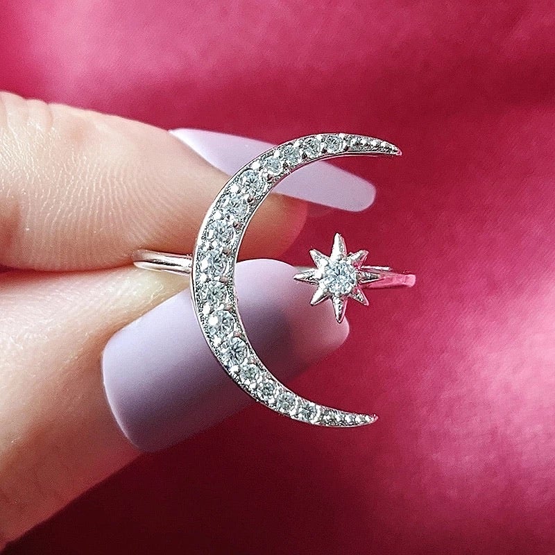 Crescent Moon Star Ring Sterling Silver | Musemond