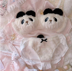 Winter Fluffy Bear Cat Panda Cute Women's Bra & Panties Set Wirefree  Underwe