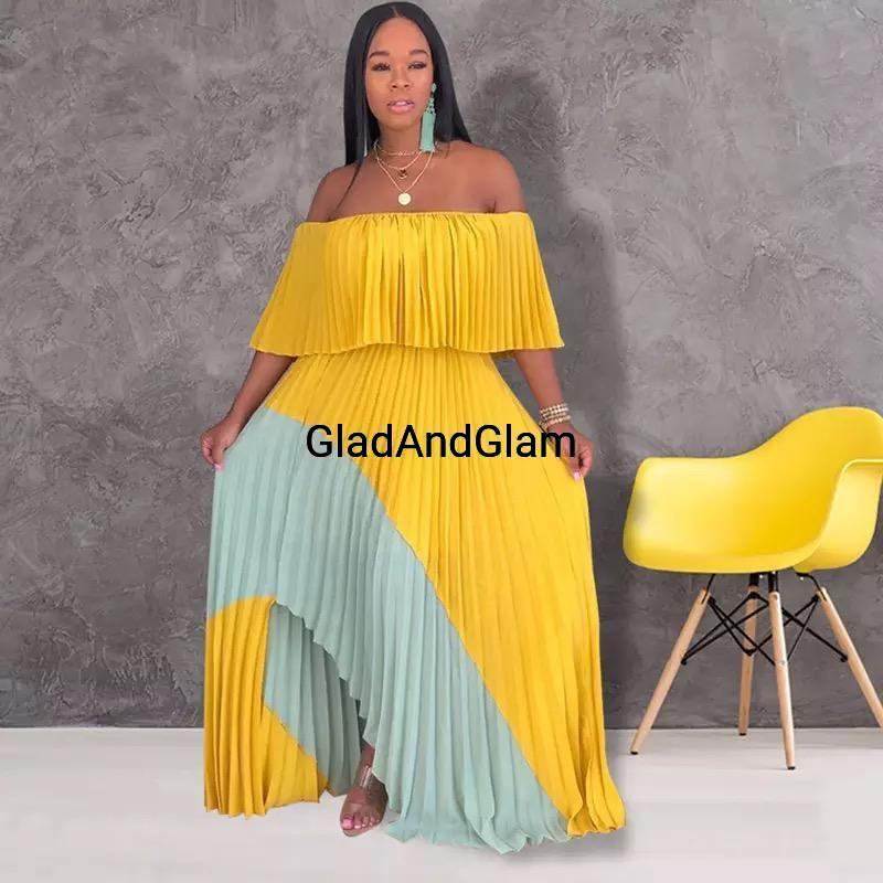 Duo Colour Off Shoulder Pleated Dress