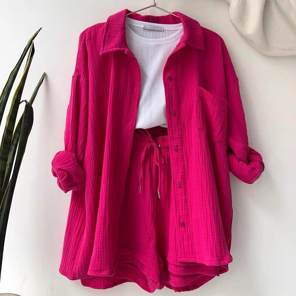 Isla Fuchsia Resort Co-Ord Set with oversized pink shirt, matching shorts and white ribbed inner top