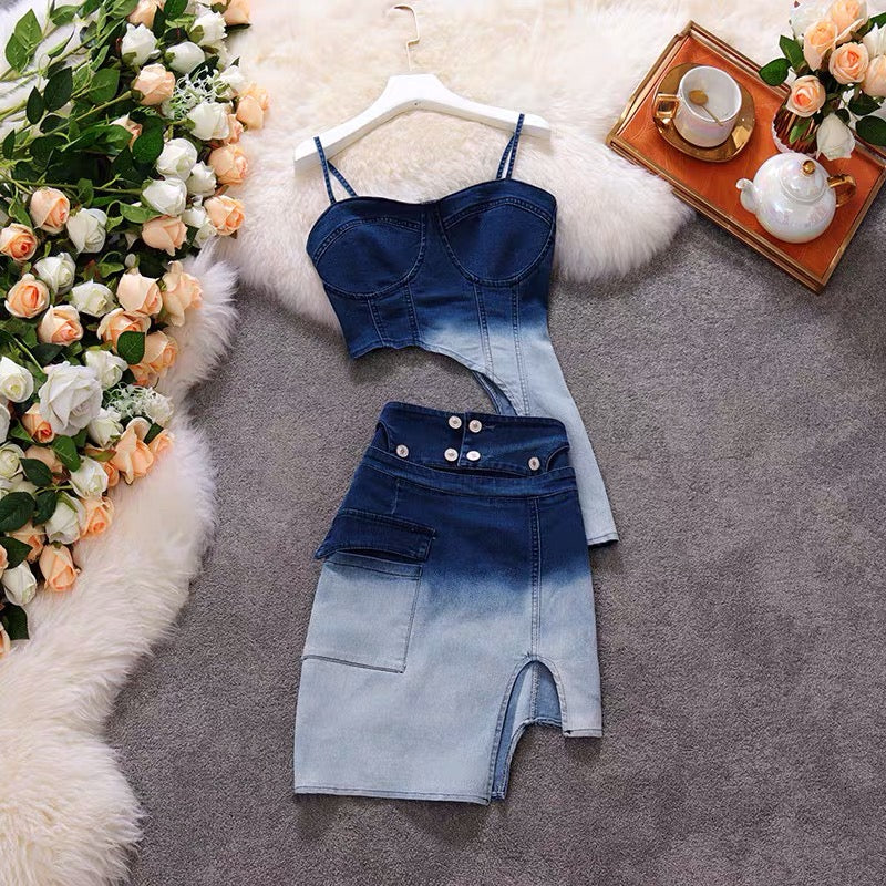 Monaco Asymmetrical Ombre Denim Co-Ord Set