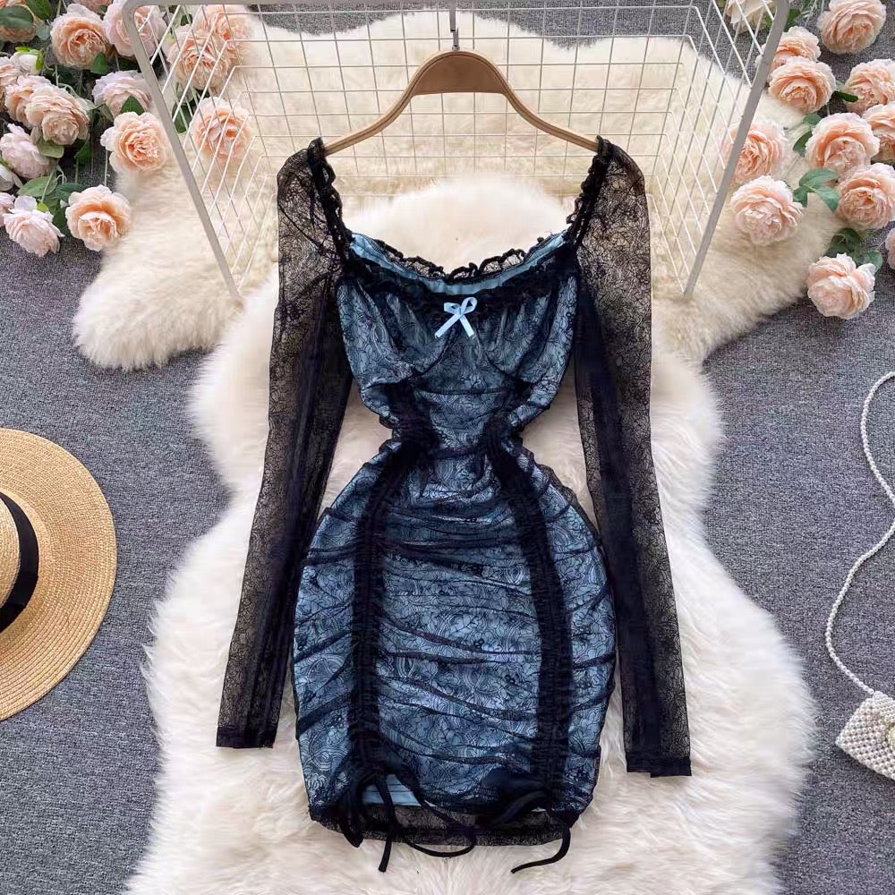 Black lace ruched mini dress with sheer long sleeves and blue-grey lining