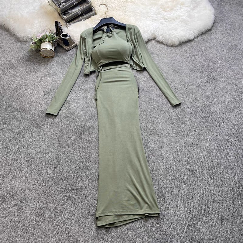 Olive green three-piece co-ord set featuring a cropped cardigan, camisole top, and ruched maxi skirt.