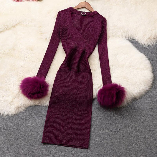 Fur Sleeve Bodycon Dress