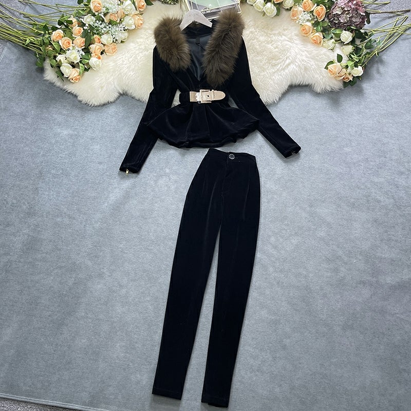 Fur Jacket with Pants Set 